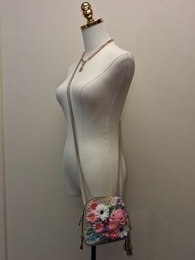 HOBO Hand Embellished Floral Crossbody Bag Painted Butterfly Appliqué Beige